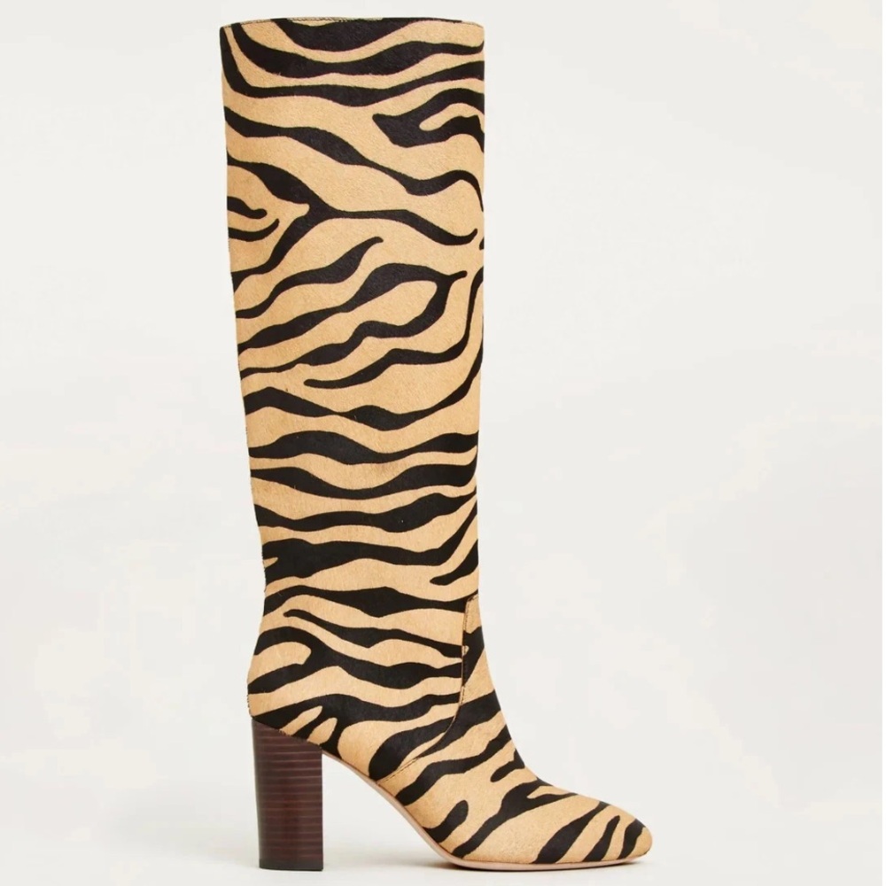 $750 Loeffler Randall Goldy Tall Knee Heel Boot Calf Hair Tiger Stripe Black 5B